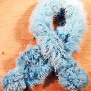 SCARF, RABBIT FUR POM-POMS, NEVER WORN, LIGHT BLUE, 25 x 4 INCHES BOTH SIDES FUR